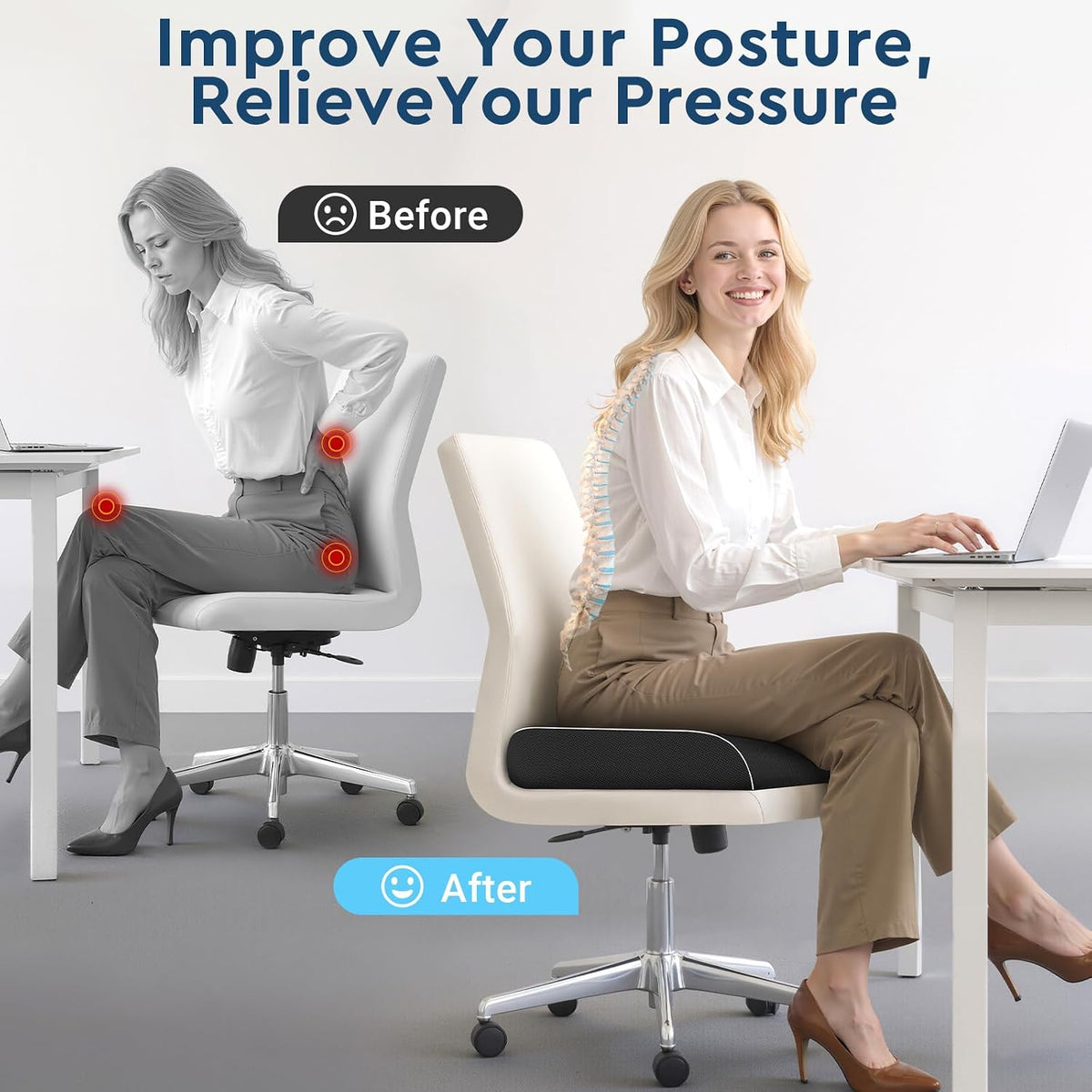Seat Cushion, Memory Foam Office Chair Cushion, Black, Large