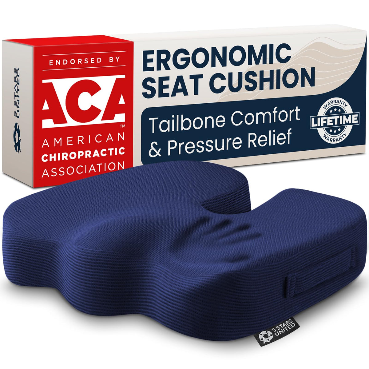 5 STARS UNITED Seat Cushion - Memory Foam Chair Pad for Tailbone Pain Relief - Ergonomic Support for Coccyx, Sciatica & Butt - Office, Desk & Gaming Chair, Car Seat, Wheelchair, Airplane, Black