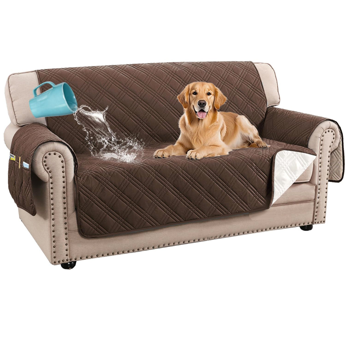 H.VERSAILTEX 100% Waterproof Couch Covers for 3 Cushion Couch Sofa Modern Sofa Slipcovers with Elastic Straps Thick Soft Furniture Protector Pet Friendly(Sofa, Grey/Beige)