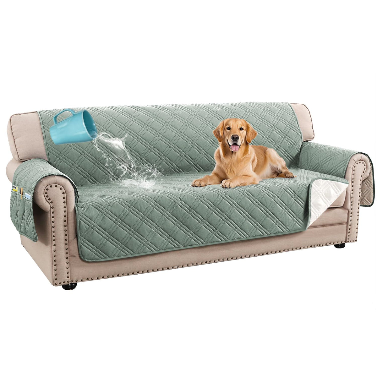 H.VERSAILTEX 100% Waterproof Couch Covers for 3 Cushion Couch Sofa Modern Sofa Slipcovers with Elastic Straps Thick Soft Furniture Protector Pet Friendly(Sofa, Grey/Beige)