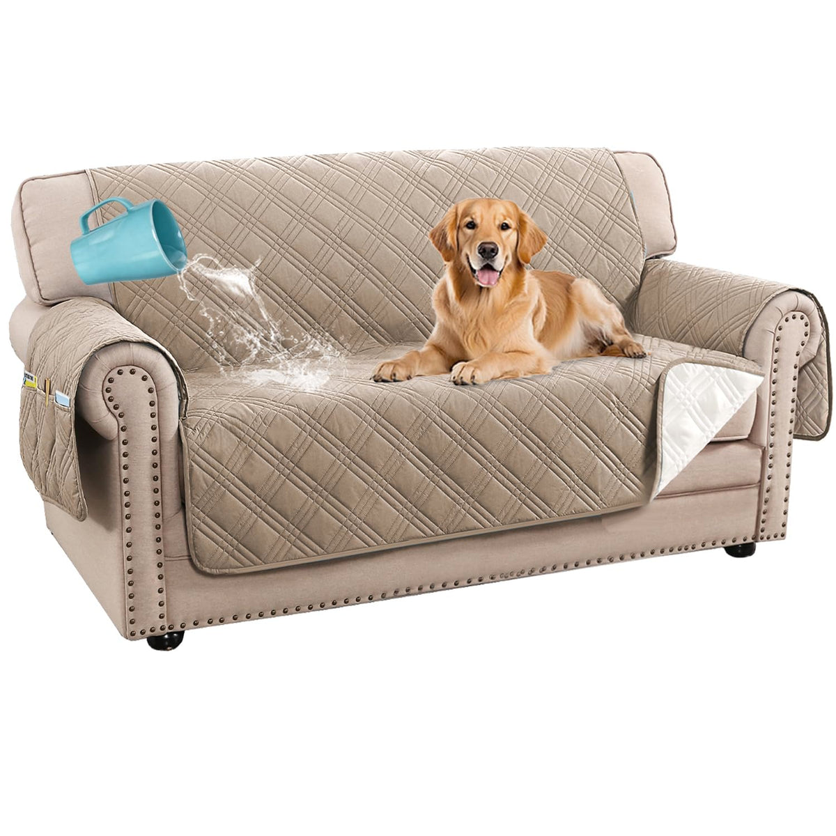 H.VERSAILTEX 100% Waterproof Couch Covers for 3 Cushion Couch Sofa Modern Sofa Slipcovers with Elastic Straps Thick Soft Furniture Protector Pet Friendly(Sofa, Grey/Beige)