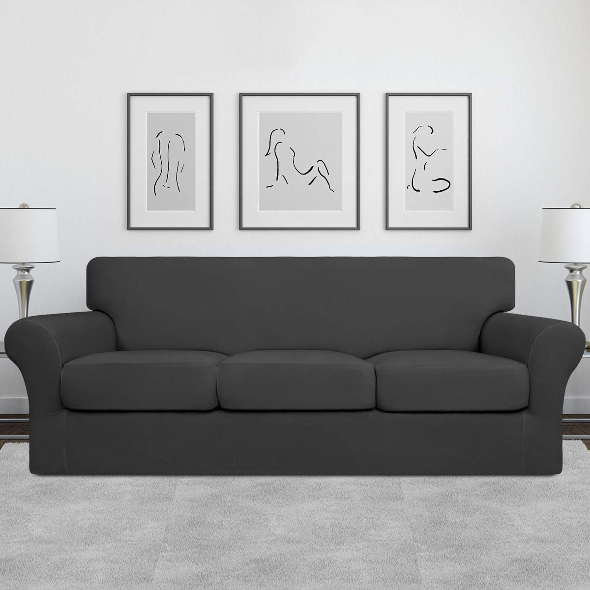 Easy-Going 4 Pieces Stretch Sofa Cover for 3 Cushion Couch Washable
