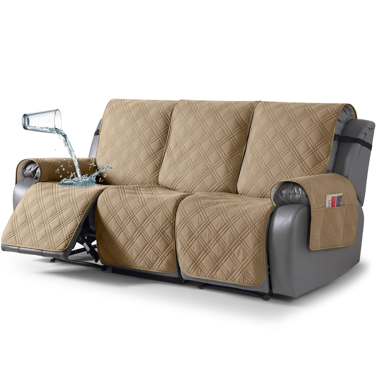 TAOCOCO 100% Waterproof Recliner Sofa Cover Non Slip Couch Cover for 3 Seat Reclining Sofa, Split Reclining Couch Covers 3-Piece with Straps, Washable Sofa Slipcover for Kids Pets(3 Seater, Chocolate)