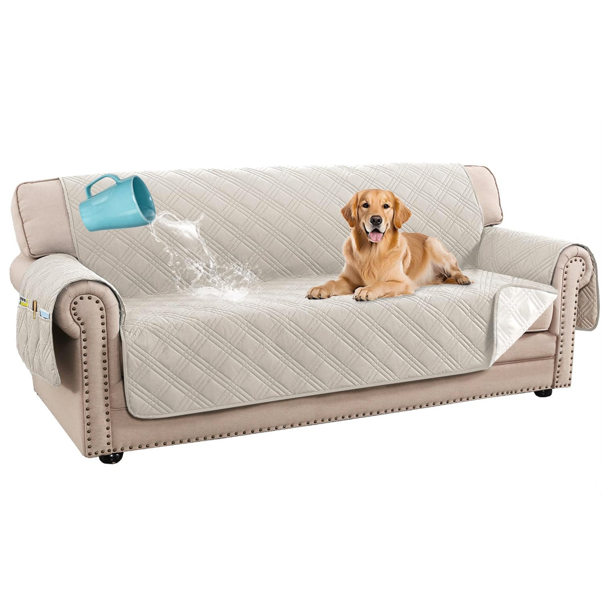 H.VERSAILTEX 100% Waterproof Couch Covers for 3 Cushion Couch Sofa Modern Sofa Slipcovers with Elastic Straps Thick Soft Furniture Protector Pet Friendly(Sofa, Grey/Beige)