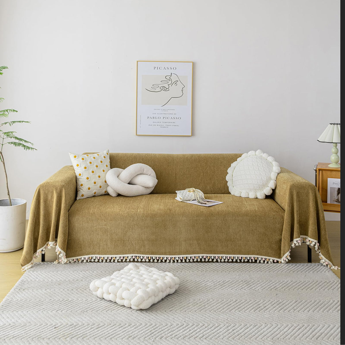 HANDONTIME Green Sofa Cover Vintage Couch Cover for Dogs 71" X118" Couch Cushion Covers with Tassel Herringbone Sofa Cover Boho Sofa Covers for 3 Cushion Couch Chenille Soft Loveseat Sofa Covers