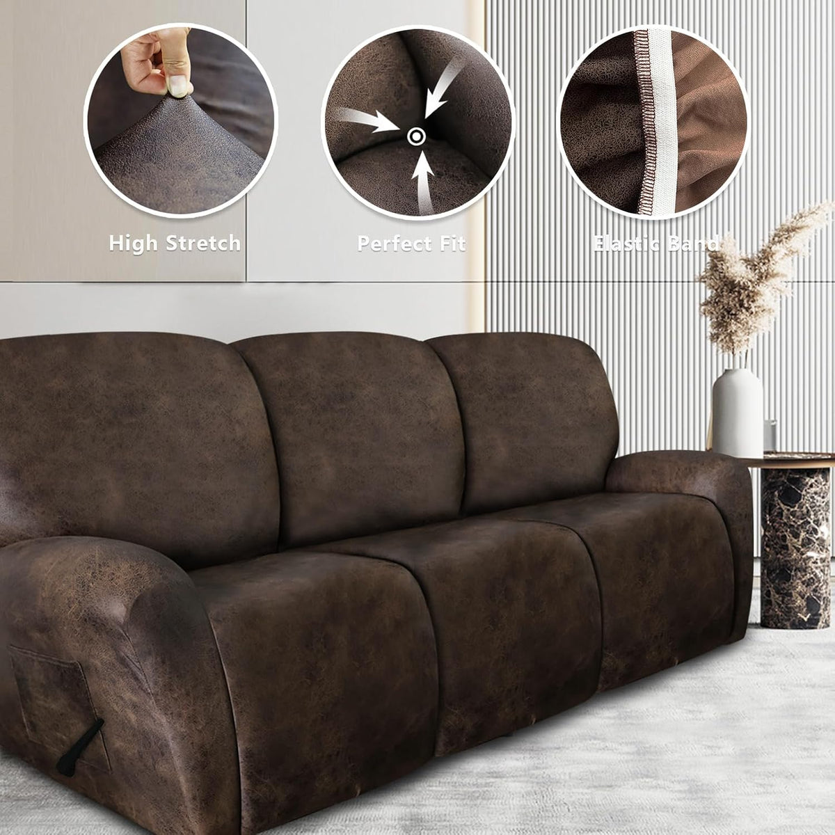ANARACHON Leather Look Recliner Couch Cover 8-Piece Recliner Sofa Slipcovers 3 Seater for Reclining Couches Furniture Protector Spandex Fabric Washable (Recliner Sofa, Brown)