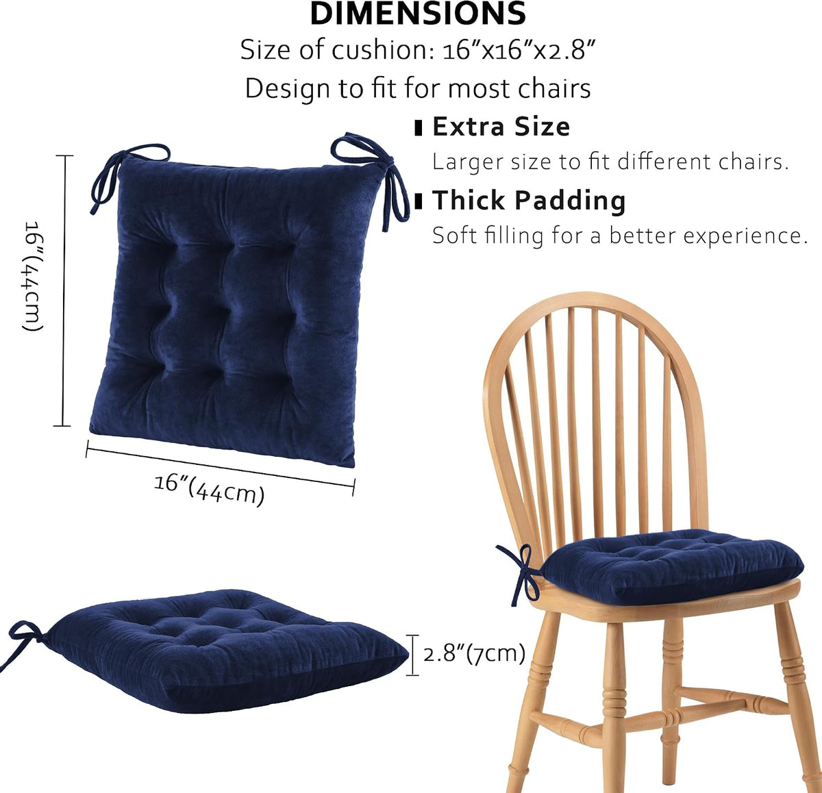 ELFJOY 4 Pack Chair Cushions for Dining Chairs with Ties Navy 16"x16"