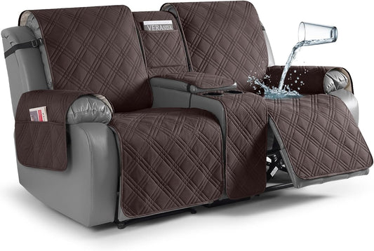 TAOCOCO Loveseat Recliner Cover with Center Console, 100% Waterproof Pet Cover for Dual Recliner with Straps Design, Split Reclining Loveseat Covers Furniture Pet&Kids Protector (2 Seater, Chocolate)
