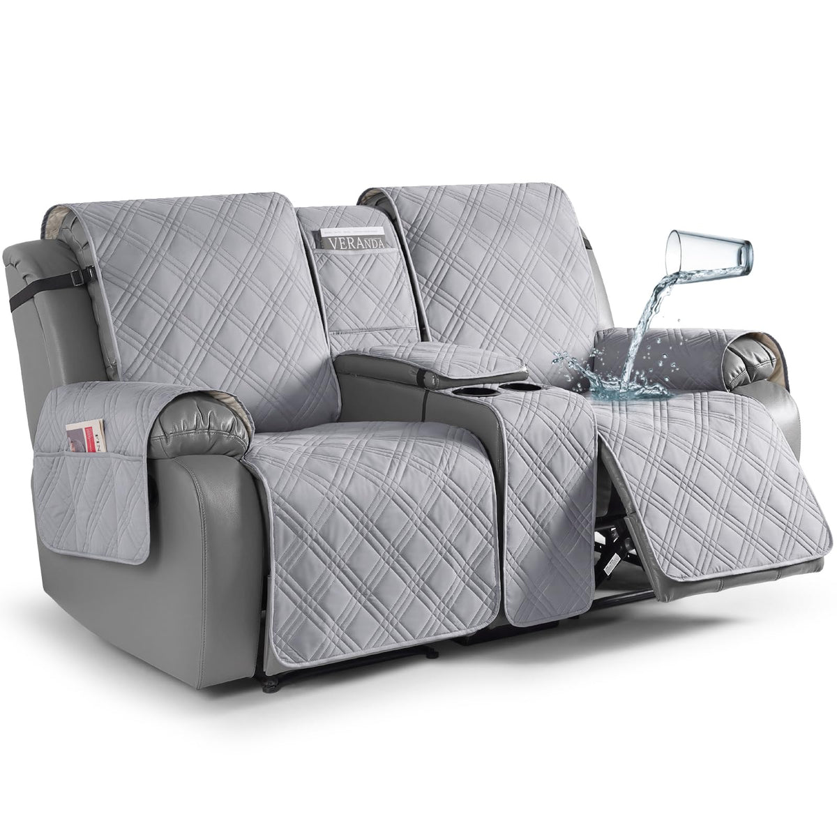 TAOCOCO Loveseat Recliner Cover with Center Console, 100% Waterproof Pet Cover for Dual Recliner with Straps Design, Split Reclining Loveseat Covers Furniture Pet&Kids Protector (2 Seater, Chocolate)