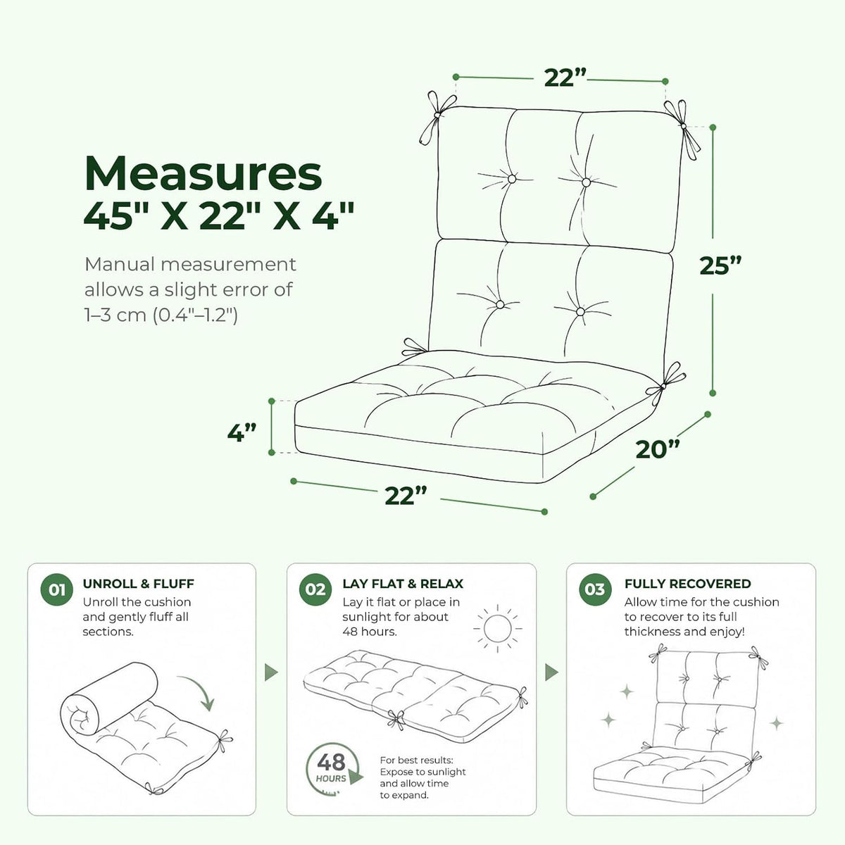 Outdoor Chair Cushion, Waterproof High Back Chair Cushion, Green