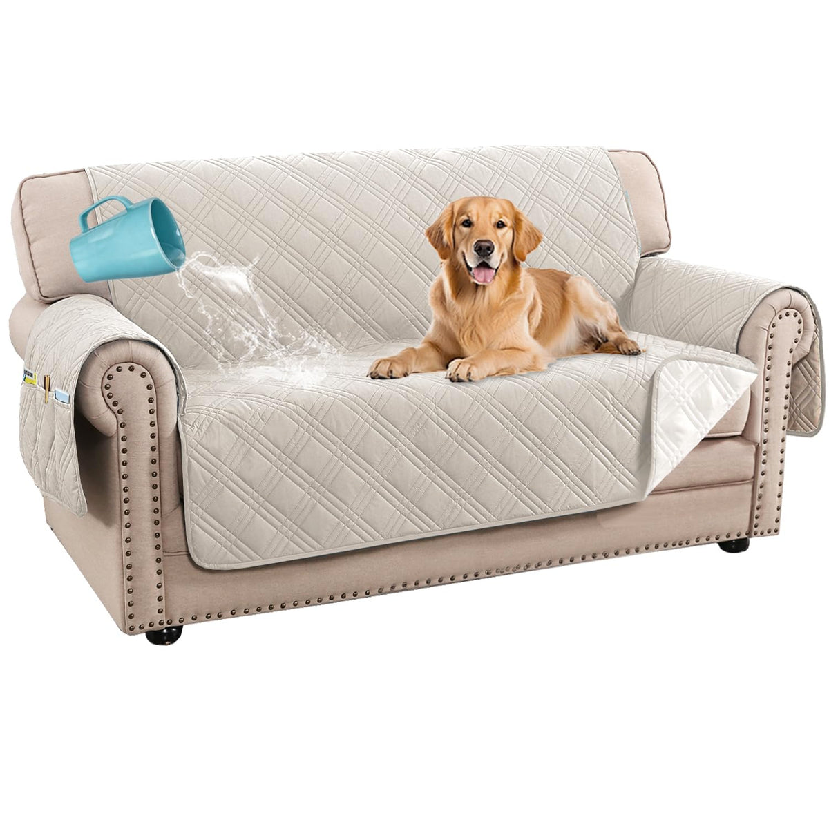 H.VERSAILTEX 100% Waterproof Couch Covers for 3 Cushion Couch Sofa Modern Sofa Slipcovers with Elastic Straps Thick Soft Furniture Protector Pet Friendly(Sofa, Grey/Beige)