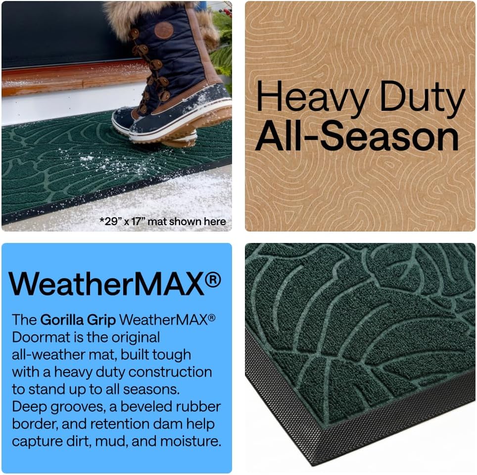 GORILLA GRIP WeatherMAX Door Mat, Indoor Outdoor Use, 29x17, Green Palm