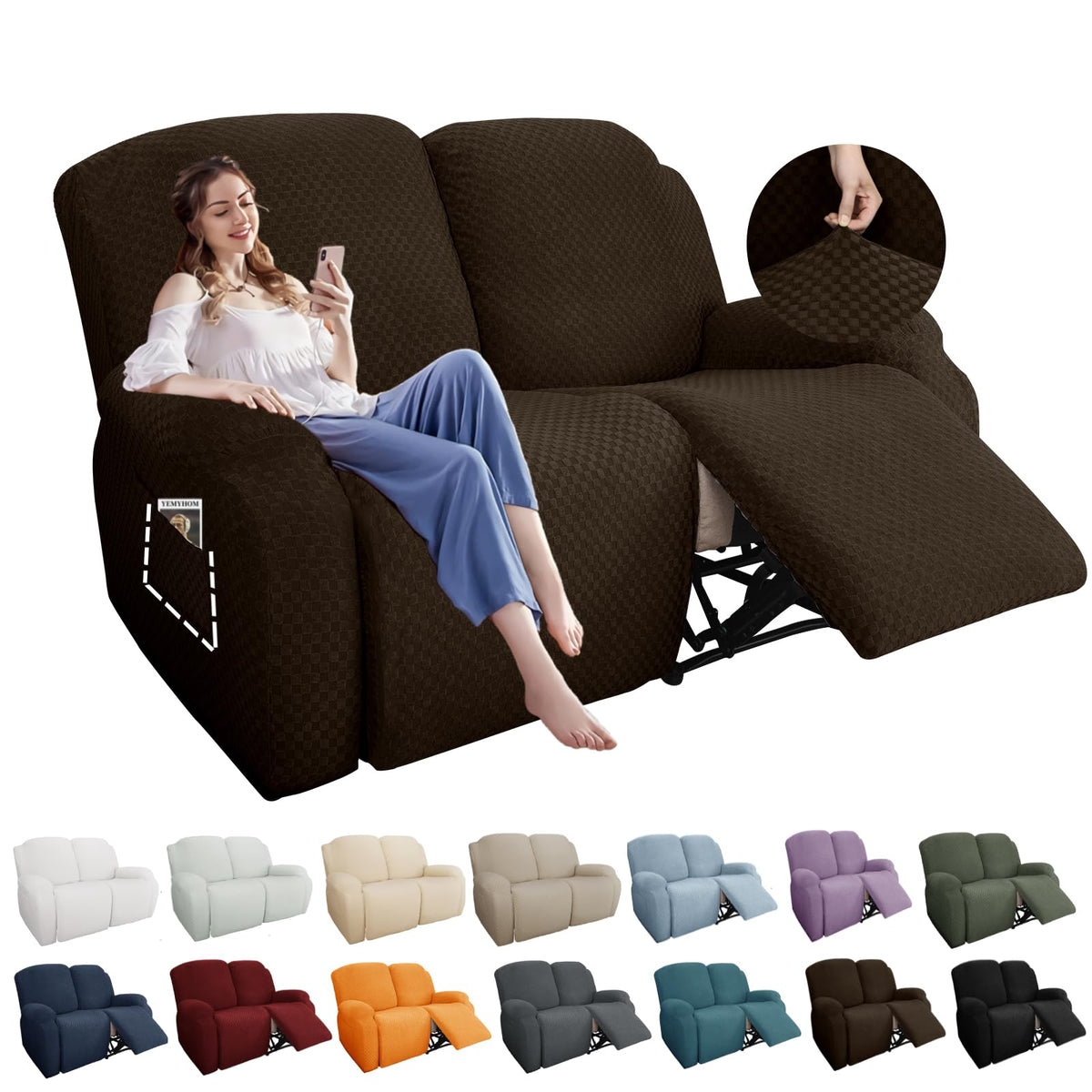 YEMYHOM 8 Pieces Stretch Recliner Sofa Cover Latest Jacquard Reclining Couch Cover with Side Pocket Anti-Slip Fitted 3 Cushion Furniture Slipcovers with Elastic Bottom (Sofa Recliner, Light Gray)
