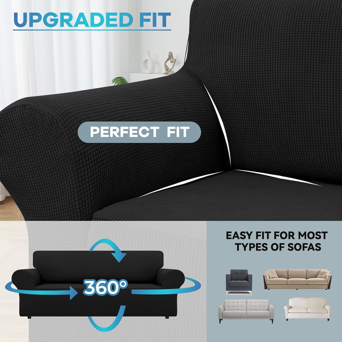 LURKA Stretch Couch Cover for Sofa, 1 Piece 3 Cushion Slipcover, Black