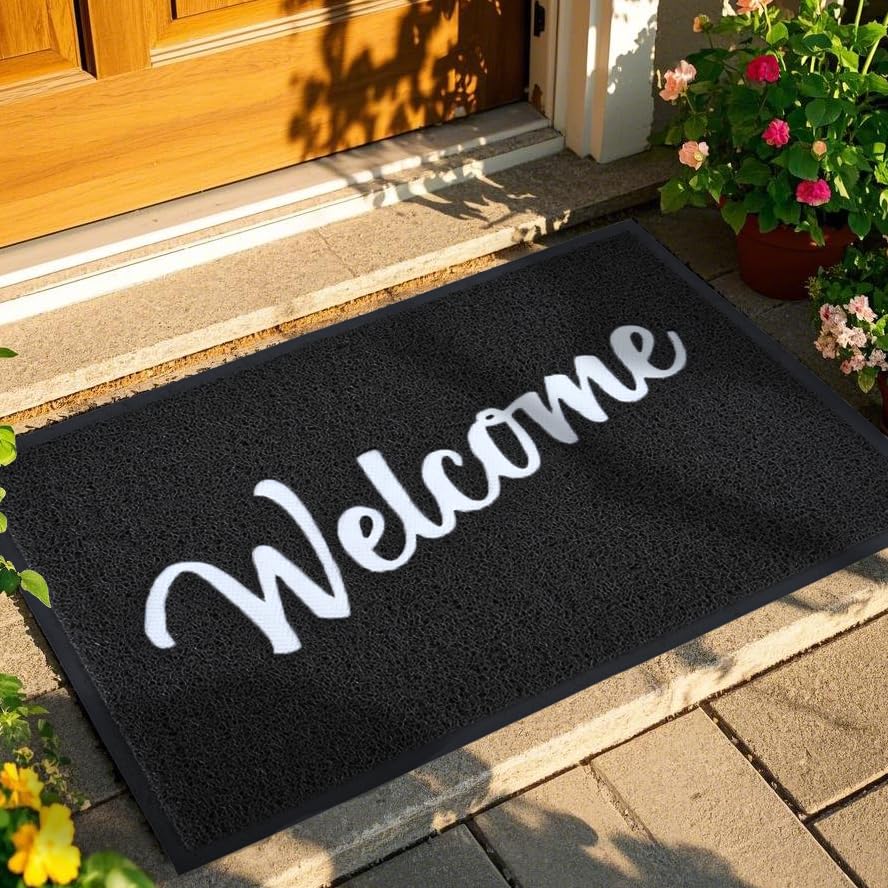 T.HENV Welcome Mat Outdoor, 30x17.5 Waterproof All-Season Front Door Mat Outside Entrance, All-Weather Quick Drying, Low Profile Doormat Indoor, Patio Porch Entryway Mats, Black-White