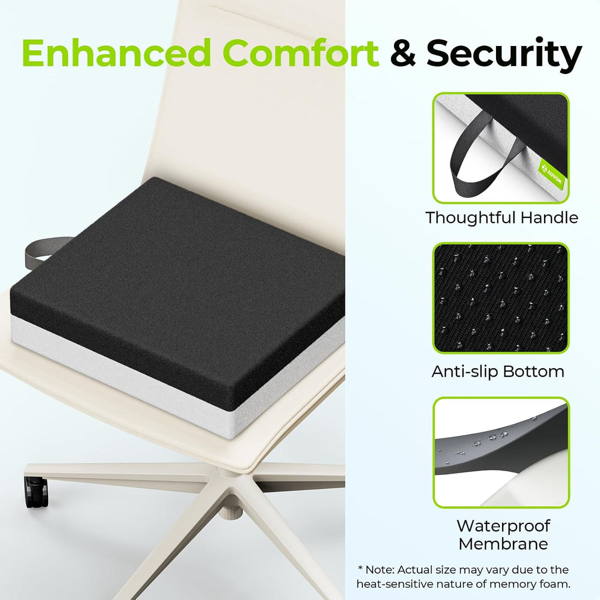AUVON Ventilation Seat Cushion with Innovation Heat Dissipation Design, Wheelchair Cushion with Supportive Memory Foam, Waterproof & Anti-Slip Cover, Improve Lower Back Comfort (Black, X-Large)