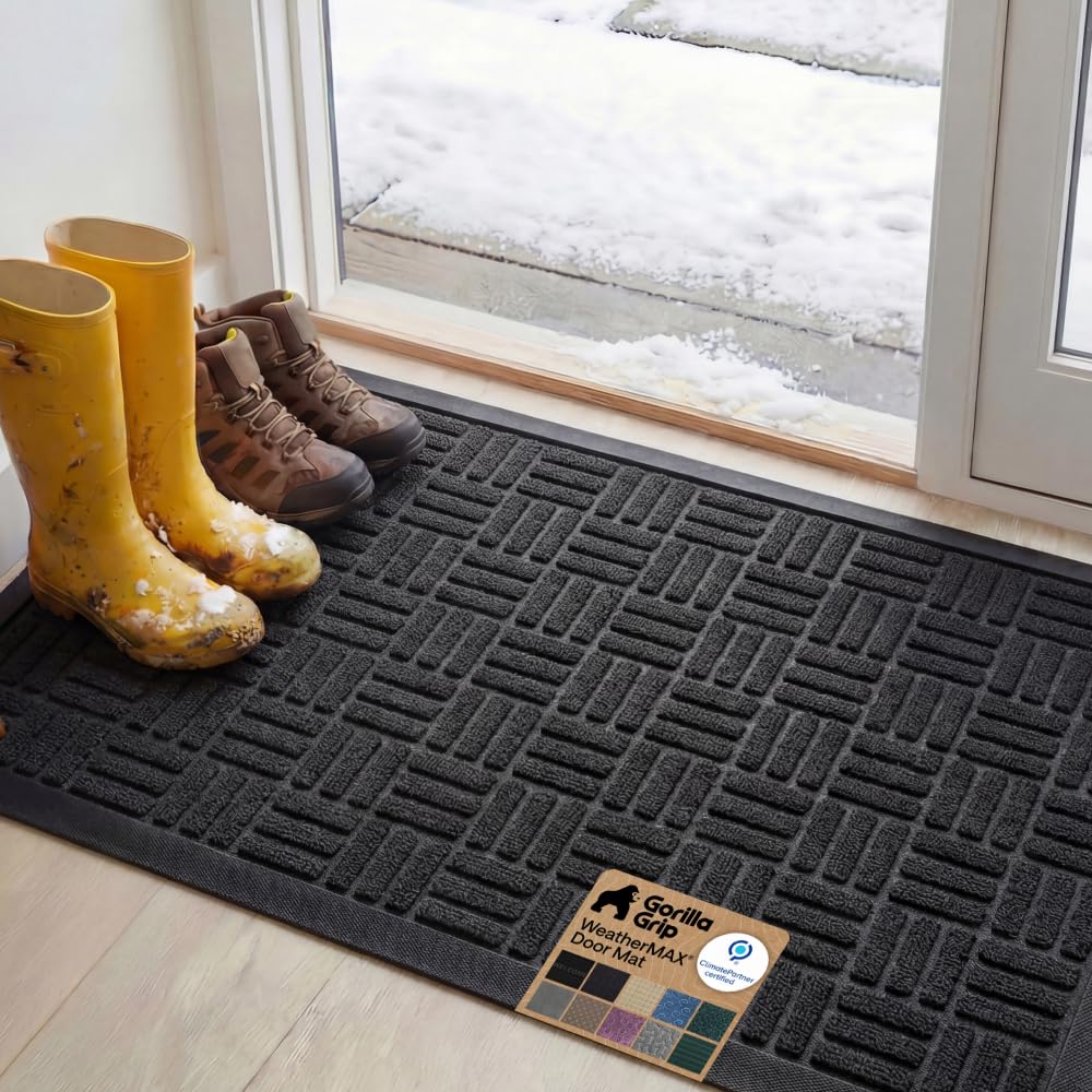 GORILLA GRIP WeatherMAX Door Mat, Indoor Outdoor Use, 29x17, Black Diamond