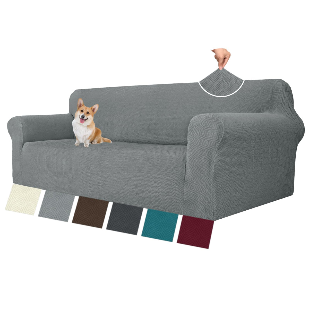 MAXIJIN Super Stretch Couch Cover for 3 Cushion Couch, 1-Piece Universal Sofa Covers Living Room Jacquard Spandex Furniture Protector Dogs Pet Friendly Fitted (Large, Gray)