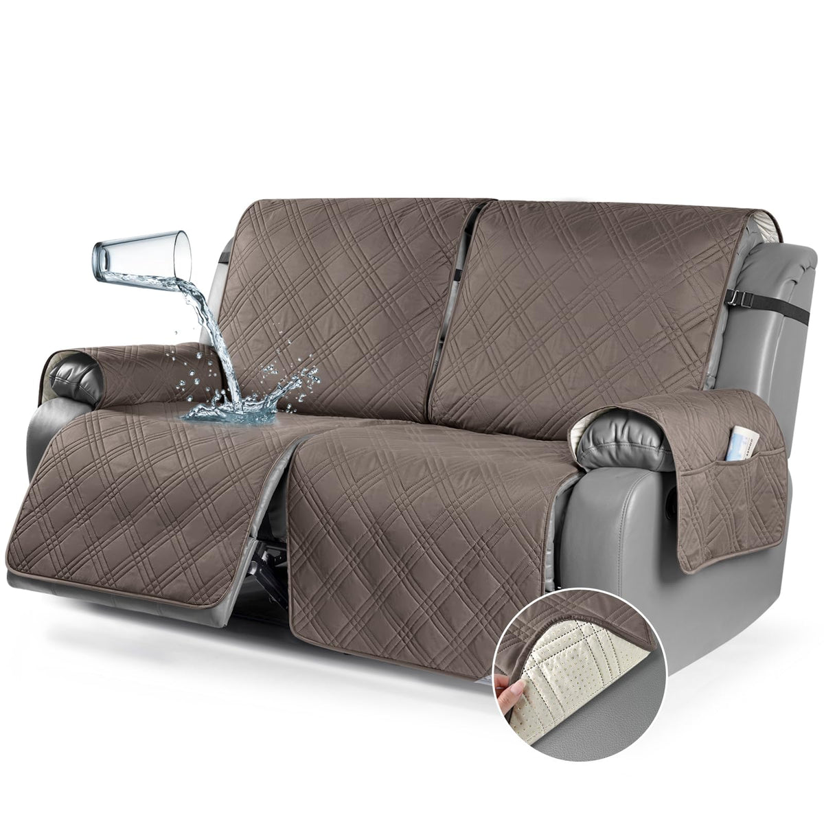 TAOCOCO 100% Waterproof Recliner Sofa Cover Non Slip Couch Cover for 3 Seat Reclining Sofa, Split Reclining Couch Covers 3-Piece with Straps, Washable Sofa Slipcover for Kids Pets(3 Seater, Chocolate)