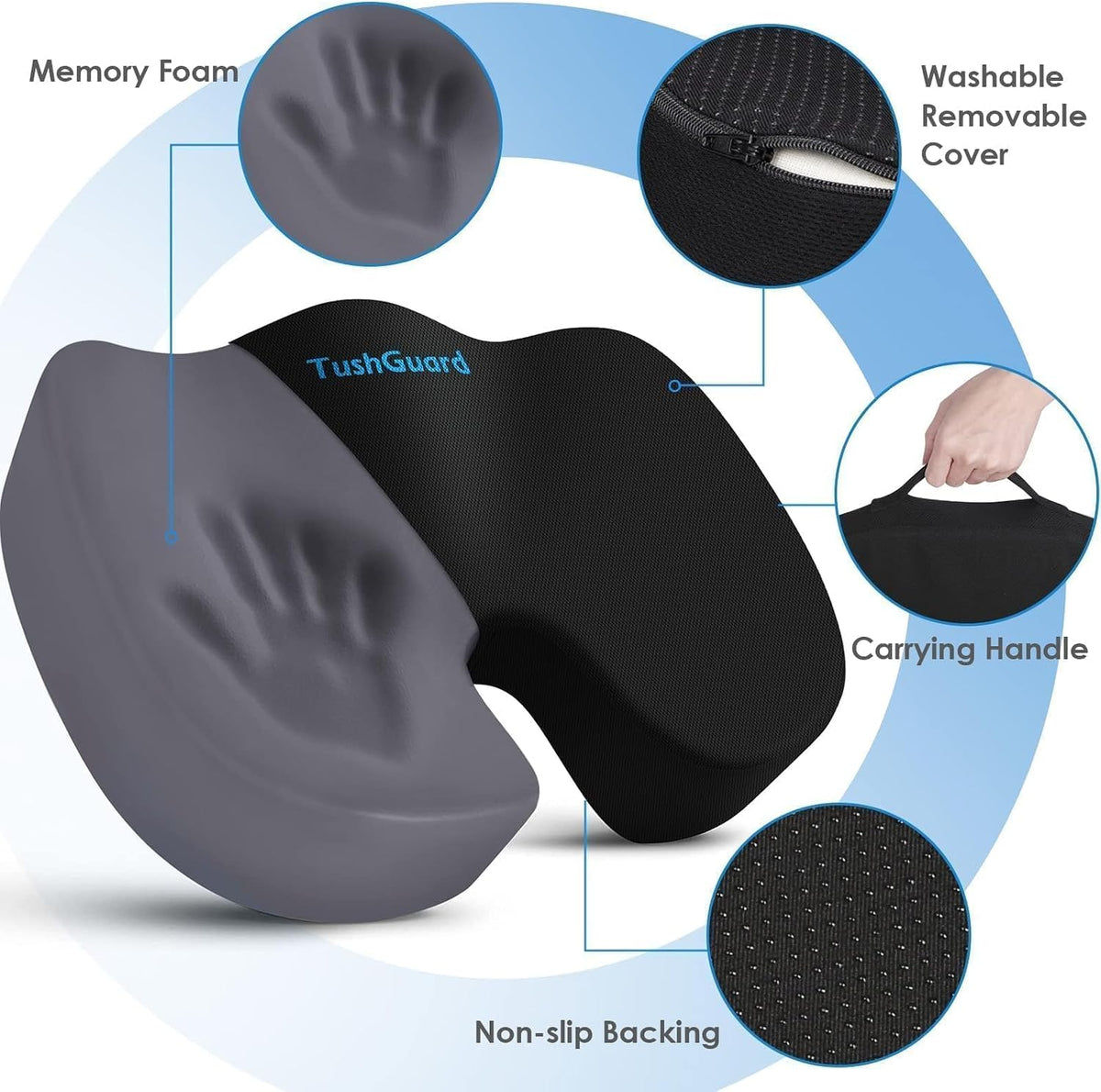 TushGuard Seat Cushion for Office Chair, Car, Memory Foam, Black Large