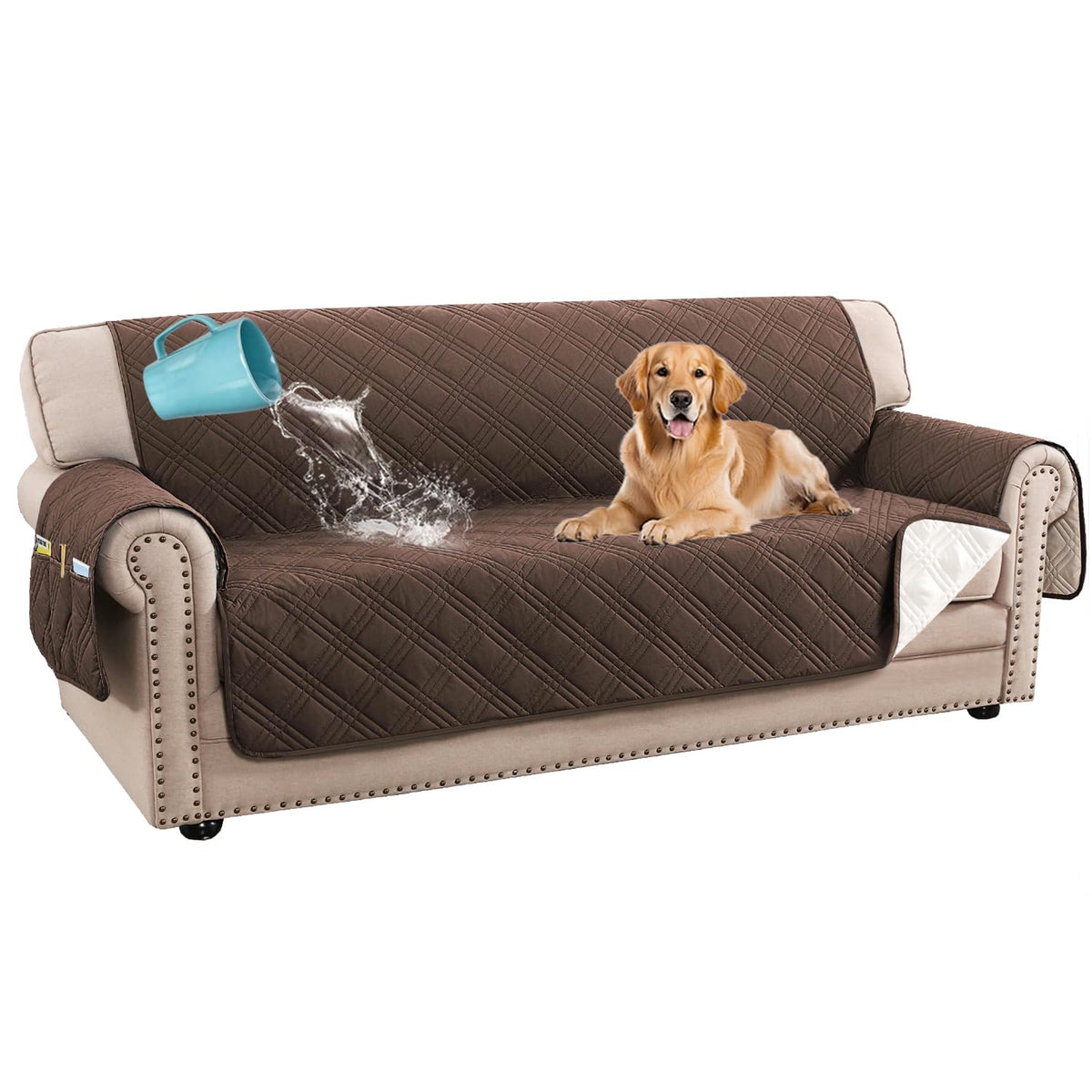 H.VERSAILTEX 100% Waterproof Couch Covers for 3 Cushion Couch Sofa Modern Sofa Slipcovers with Elastic Straps Thick Soft Furniture Protector Pet Friendly(Sofa, Grey/Beige)