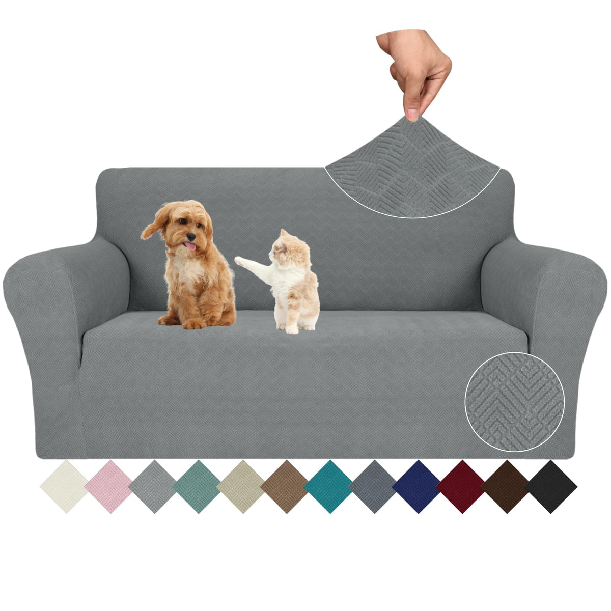 JIVINER High Stretch Couch Covers for 3 Cushion Couch 1-Piece Jacquard Sofa Slipcovers Fitted Washable Sofa Covers with Elastic Bottom Furniture Protector for Kids Pets (Sofa, Light Gray)