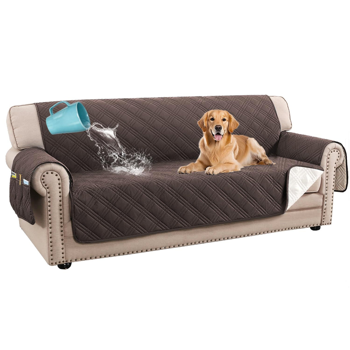 H.VERSAILTEX 100% Waterproof Couch Covers for 3 Cushion Couch Sofa Modern Sofa Slipcovers with Elastic Straps Thick Soft Furniture Protector Pet Friendly(Sofa, Grey/Beige)