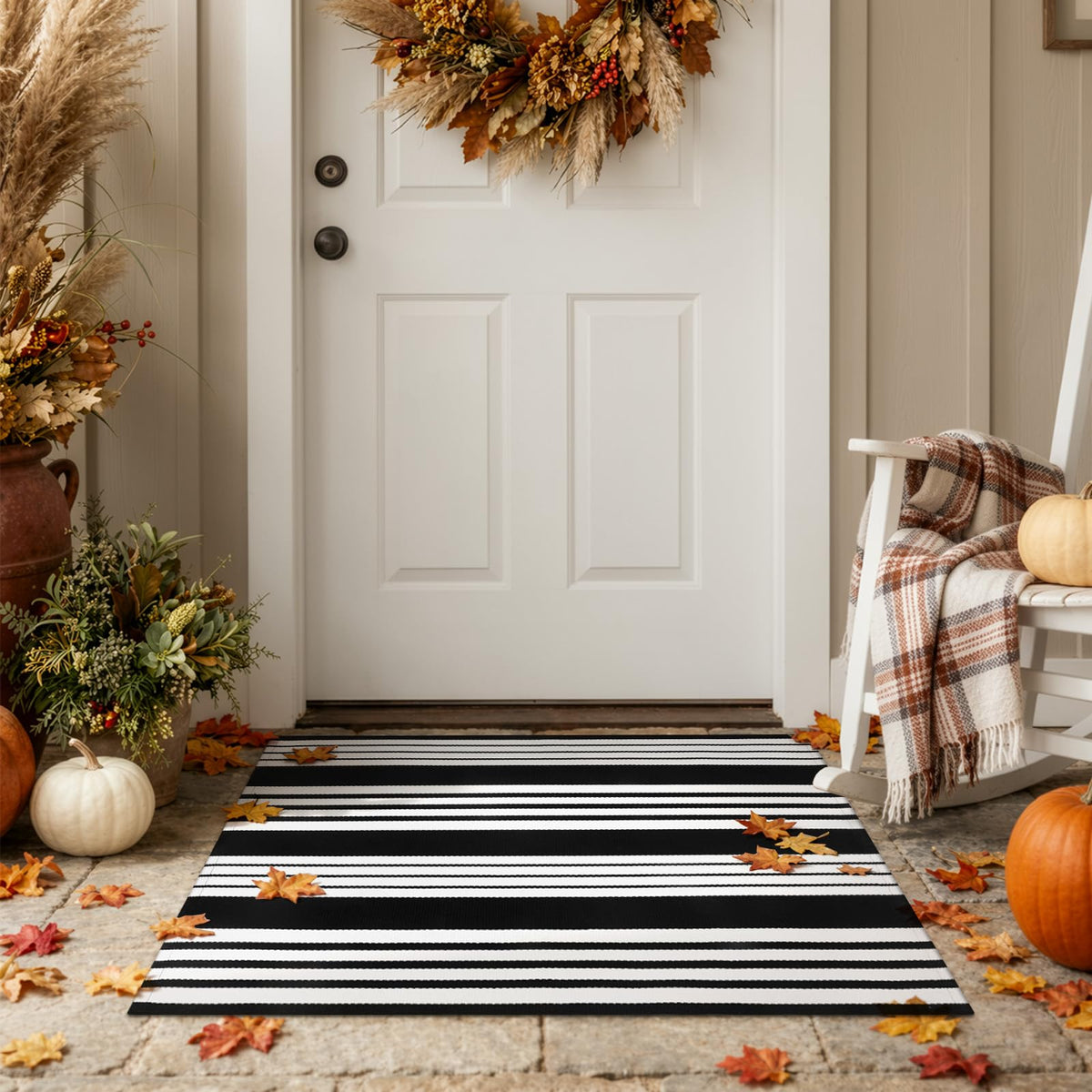 Striped Fall Door Mat 24"x51" Outdoor Rug Cotton Washable Fall Decor