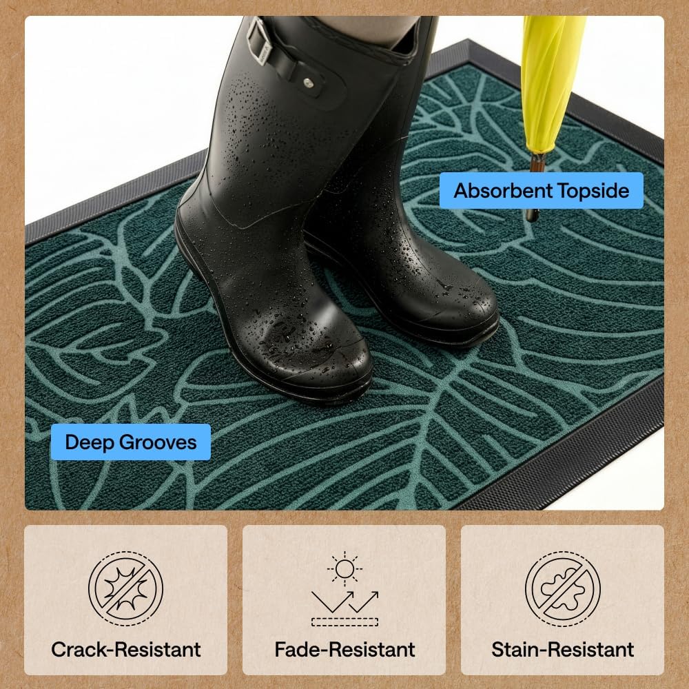 GORILLA GRIP WeatherMAX Door Mat, Indoor Outdoor Use, 29x17, Green Palm