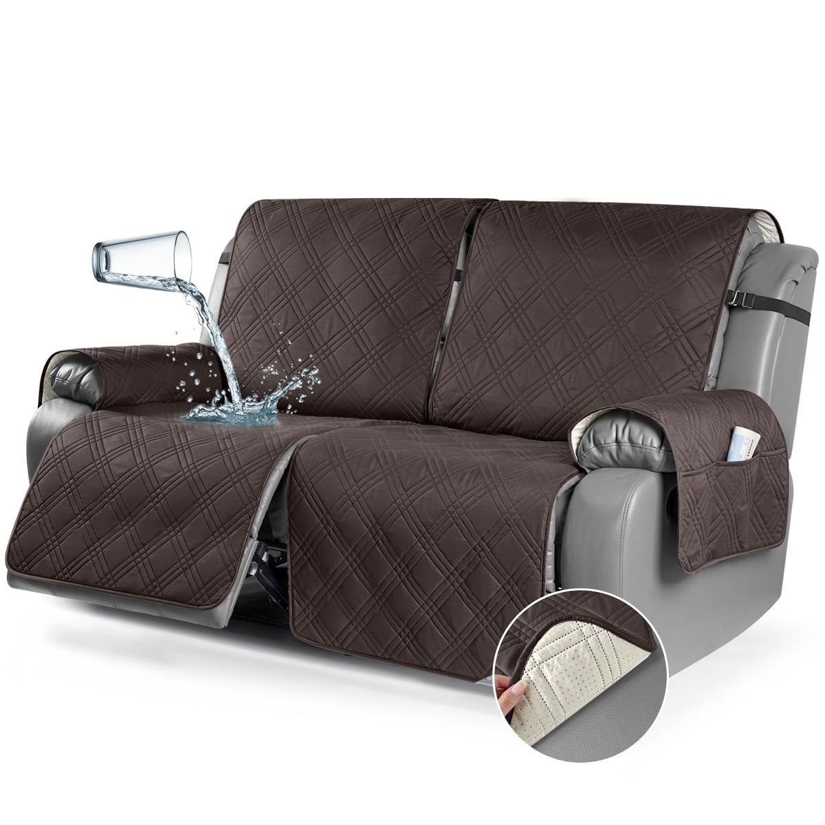 TAOCOCO 100% Waterproof Recliner Sofa Cover Non Slip Couch Cover for 3 Seat Reclining Sofa, Split Reclining Couch Covers 3-Piece with Straps, Washable Sofa Slipcover for Kids Pets(3 Seater, Chocolate)