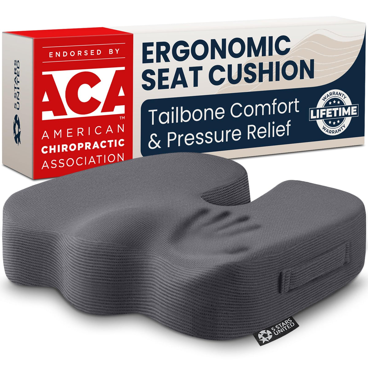 5 STARS UNITED Seat Cushion - Memory Foam Chair Pad for Tailbone Pain Relief - Ergonomic Support for Coccyx, Sciatica & Butt - Office, Desk & Gaming Chair, Car Seat, Wheelchair, Airplane, Black