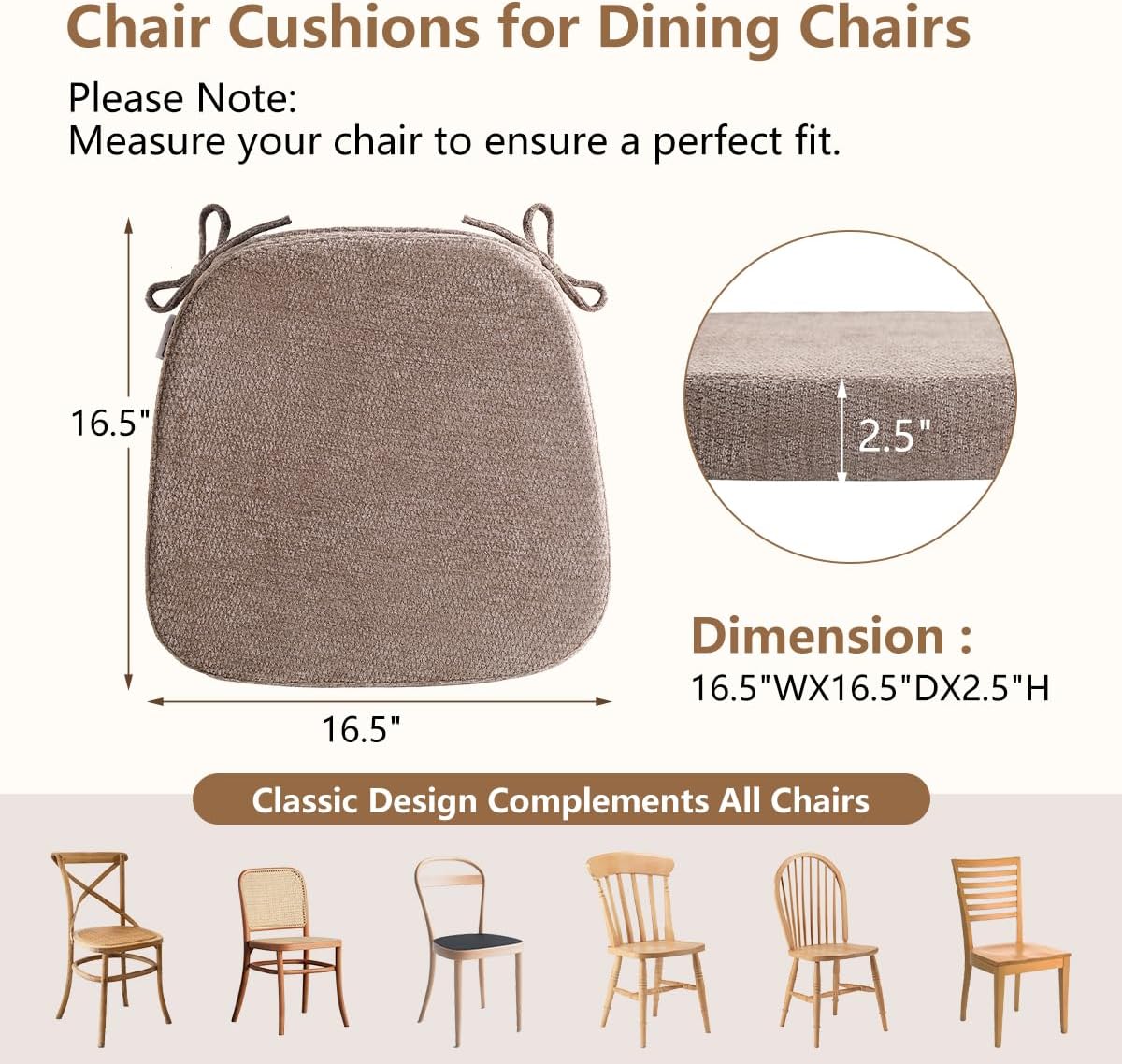 Chair Cushions for Dining Chairs, Washable Chair Pads, Brown, 4 Pack