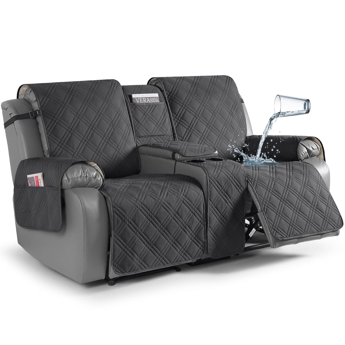 TAOCOCO Loveseat Recliner Cover with Center Console, 100% Waterproof Pet Cover for Dual Recliner with Straps Design, Split Reclining Loveseat Covers Furniture Pet&Kids Protector (2 Seater, Chocolate)