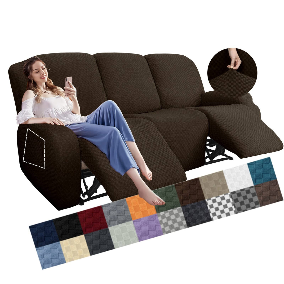 YEMYHOM 8 Pieces Stretch Recliner Sofa Cover Latest Jacquard Reclining Couch Cover with Side Pocket Anti-Slip Fitted 3 Cushion Furniture Slipcovers with Elastic Bottom (Sofa Recliner, Light Gray)