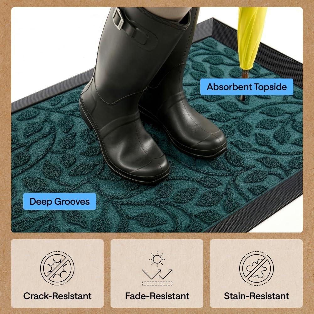 GORILLA GRIP WeatherMAX Door Mat, Indoor Outdoor Use, 29x17, Green Leaves