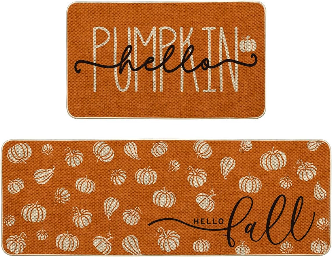 Artoid Mode Orange Hello Pumpkin Fall Kitchen Mats Set of 2 - 17x29+17x47"