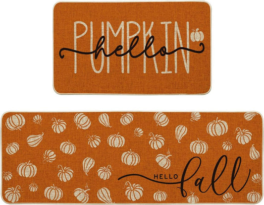 Artoid Mode Orange Hello Pumpkin Fall Kitchen Mats Set of 2 - 17x29+17x47"