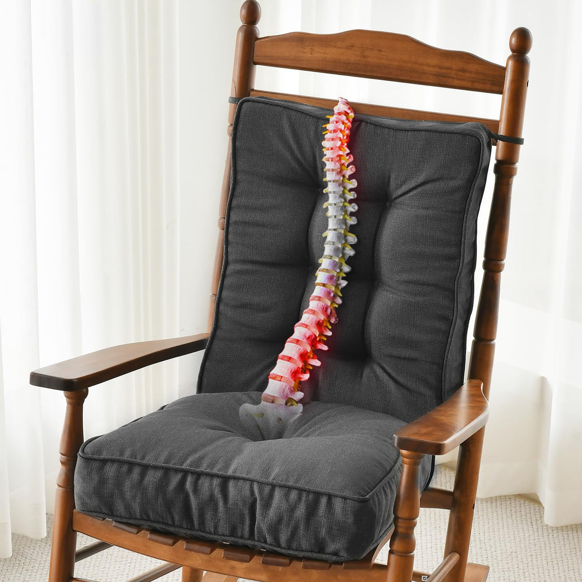 SUNROX Memory Foam Non Slip Rocking Chair Cushion, FadeShield Water Resistant Thicken Durable Tufted Pads, Set of Seat & Back Cushion with Ties for Indoor/Outdoor Rocker, 2 Piece, Husk Birch
