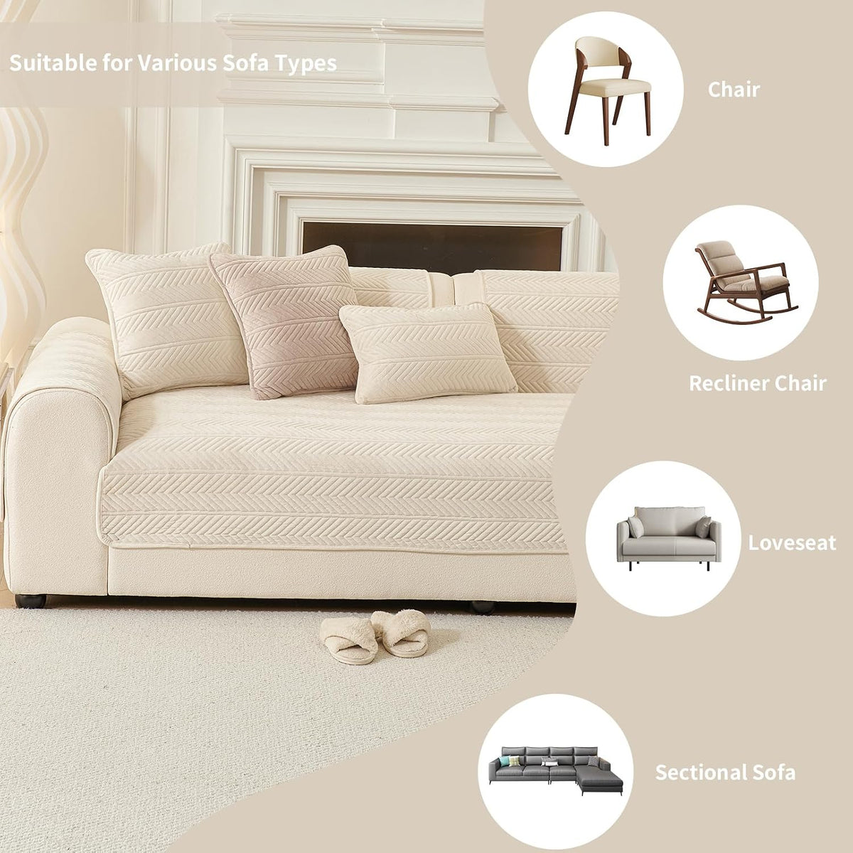Couch Covers for Sofa, Funny Fuzzy Couch Cover for Dog, Sofa Covers for Pets Washable, Herringbone Sofa Slipcovers for Sectional, Non Slip Furniture Protector(1PC,Beige White,36"×71")