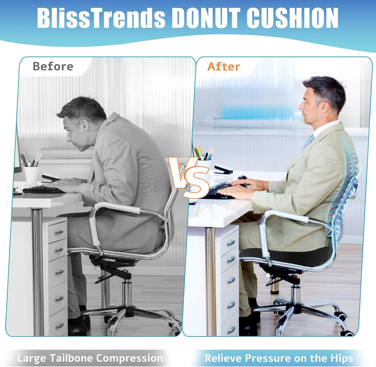 BlissTrends Donut Pillow Seat Cushion, Memory Foam Lifting Cushions(Black)