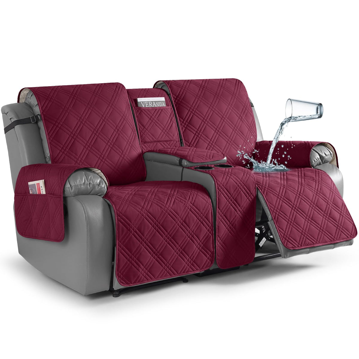 TAOCOCO Loveseat Recliner Cover with Center Console, 100% Waterproof Pet Cover for Dual Recliner with Straps Design, Split Reclining Loveseat Covers Furniture Pet&Kids Protector (2 Seater, Chocolate)