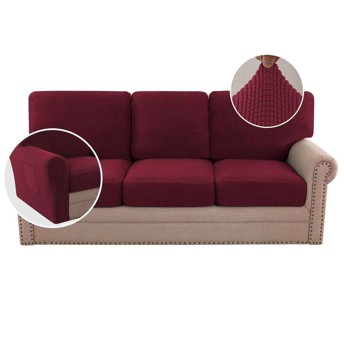 H.VERSAILTEX Multi-Pieces Sofa Covers Stretch Couch Covers Form Fitted Seats and Back Cushions Covers (3 Seat Covers Plus 3 Back Cusion Covers, Bonus 2 Armrest Covers), Sand