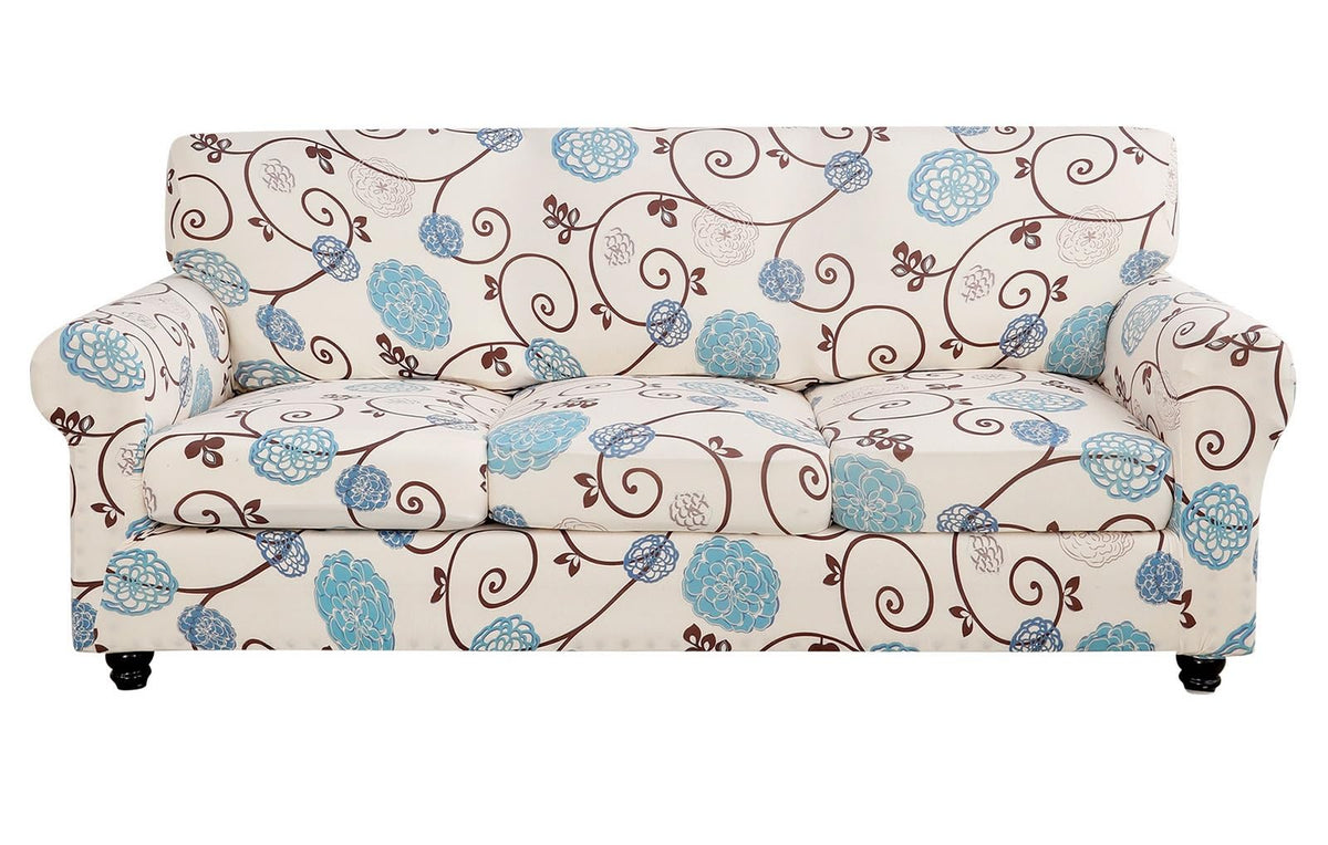 SearchI Stretch Sofa Cover Printed Couch Cover, Floral Pattern 4 Pieces Sofa Slipcover with 3 Separate Cushion Cover, Washable Furniture Protector for Living Room(Sofa, Yellow+Flower)