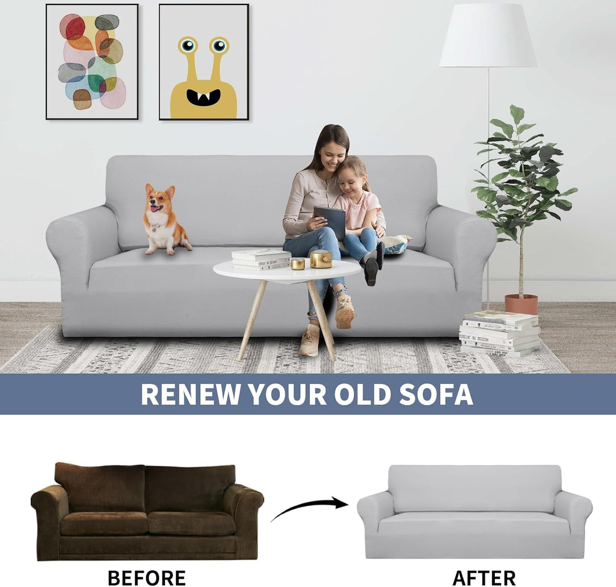 JIVINER High Stretch Couch Covers for 3 Cushion Couch 1-Piece Jacquard Sofa Slipcovers Anti Slip Sofa Cover with Elastic Bottom Furniture Protector for Kids Pets (Sofa, Light Gray and White)
