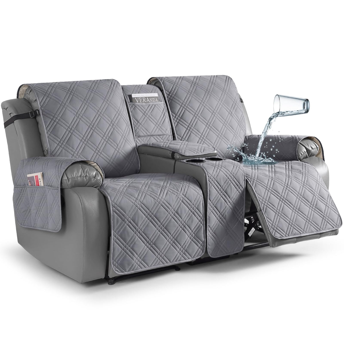 TAOCOCO Loveseat Recliner Cover with Center Console, 100% Waterproof Pet Cover for Dual Recliner with Straps Design, Split Reclining Loveseat Covers Furniture Pet&Kids Protector (2 Seater, Chocolate)