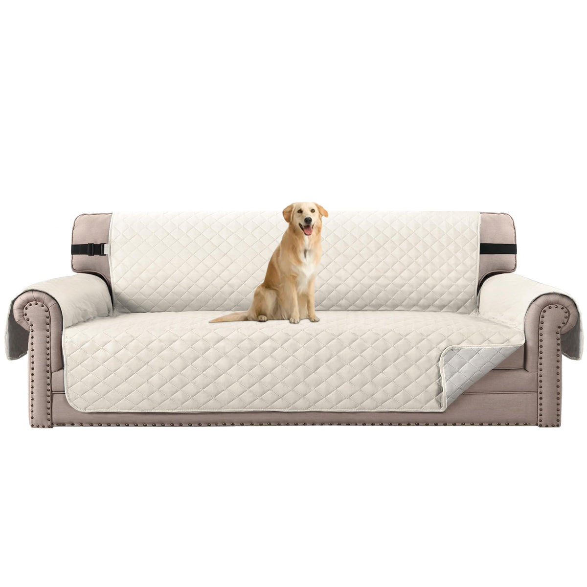 H.VERSAILTEX Reversible Sofa Cover Couch Cover for 3 Cushion Couch Water Resistant Sofa Cover for Living Room Quilted Furniture Couch Cover Washable Couch Protector(Oversized Sofa, Ivory/Beige)