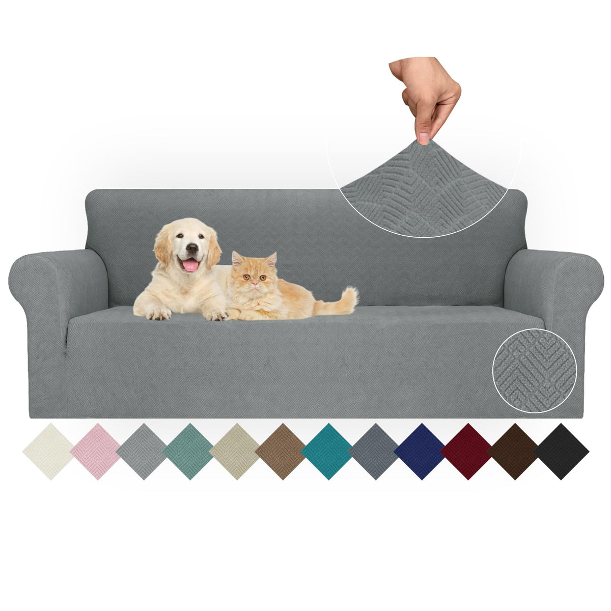 JIVINER High Stretch Couch Covers for 3 Cushion Couch 1-Piece Jacquard Sofa Slipcovers Fitted Washable Sofa Covers with Elastic Bottom Furniture Protector for Kids Pets (Sofa, Light Gray)