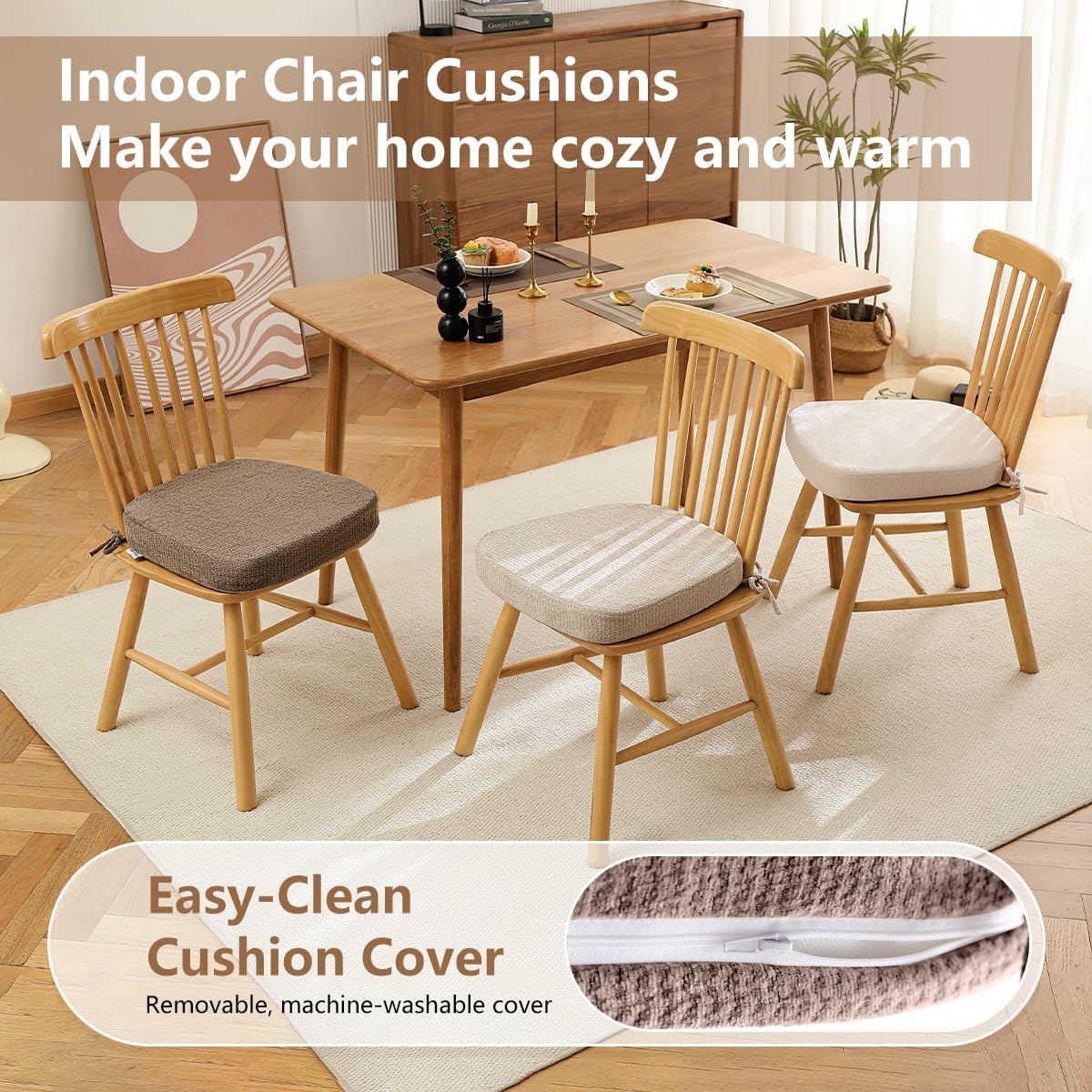 Chair Cushions for Dining Chairs, Washable Chair Pads, Brown, 4 Pack