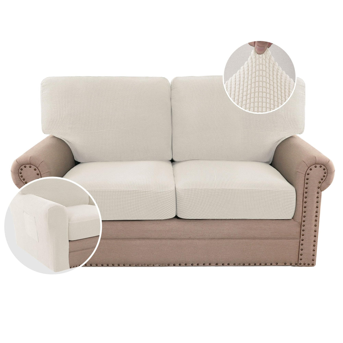 H.VERSAILTEX Multi-Pieces Sofa Covers Stretch Couch Covers Form Fitted Seats and Back Cushions Covers (3 Seat Covers Plus 3 Back Cusion Covers, Bonus 2 Armrest Covers), Sand