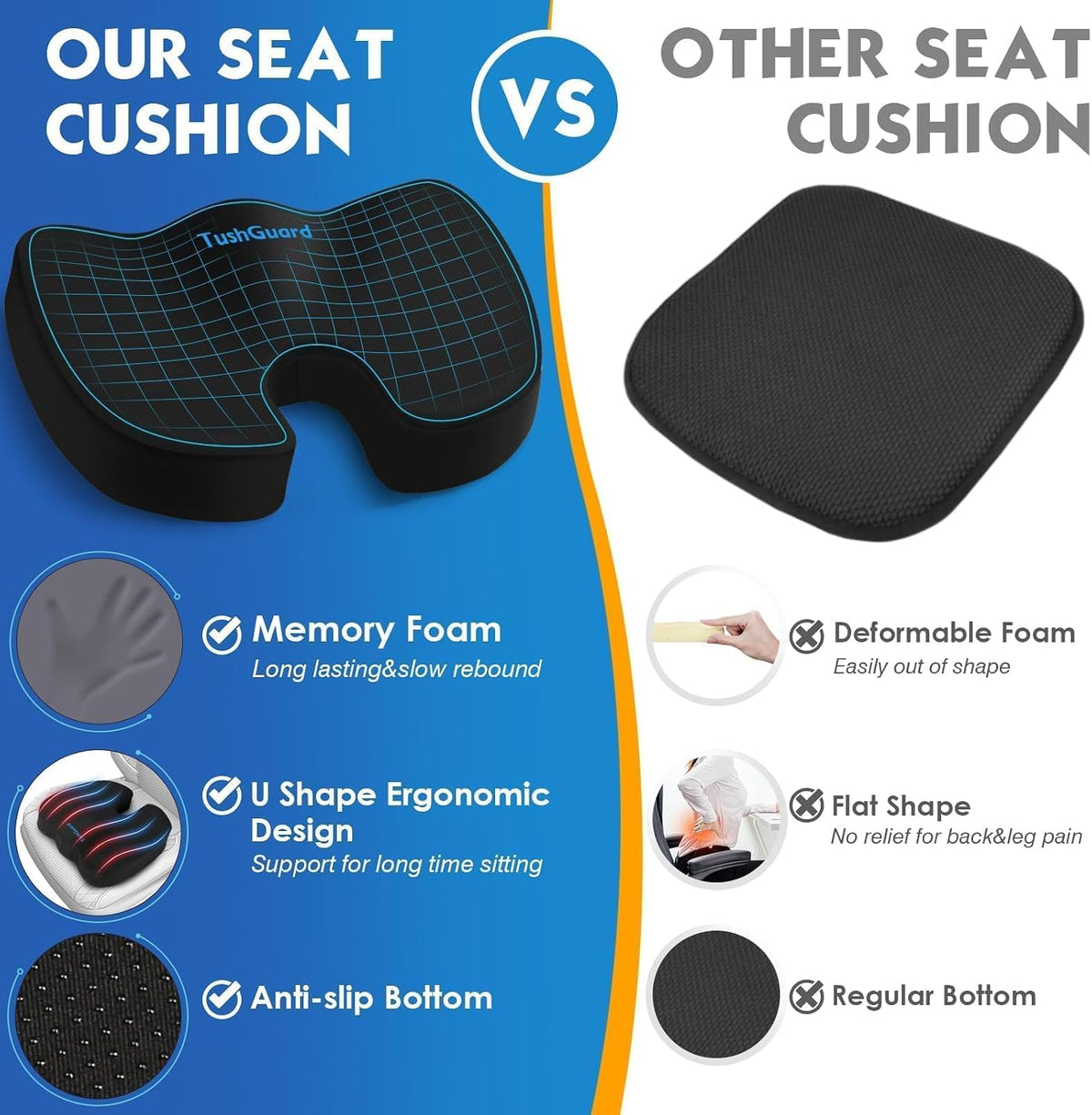 TushGuard Seat Cushion for Office Chair, Car, Memory Foam, Black Large